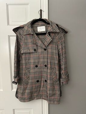 Zara Double-Breasted Plaid Pea Coat in Black, Tan & Red